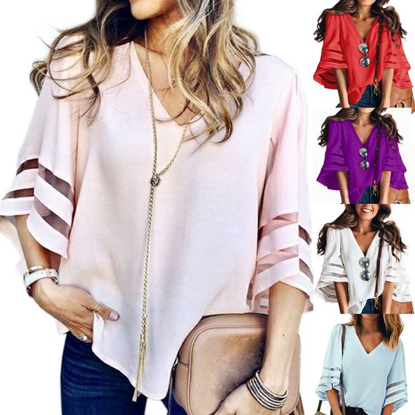 

spot blouses european-style spring and summer v-neck mesh solid color chiffon shirt women support mixed batch, White