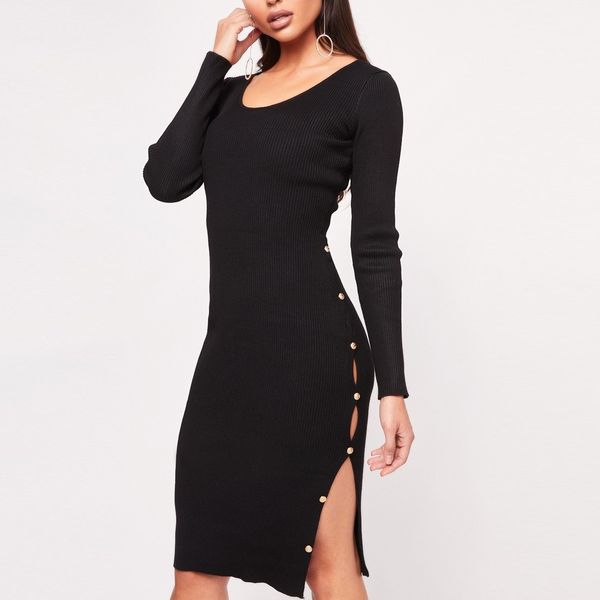 

women autumn fashion sheath dress deep v neck split button black long sleeve knitted dress vetement femme 2018 black yellow, Black;gray