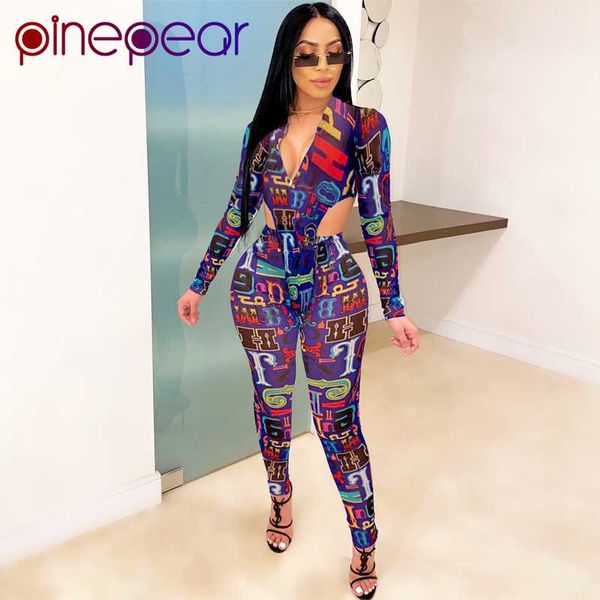 

pinepear mesh sexy hot transparent women co-ord set letter print v-образным вырезом 2 шт наряды с длинным рукавом боди и брюки наборы 2020, Black;white