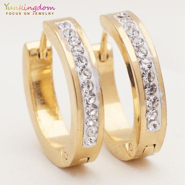 

yunkingdomm jewelry rhinestone crystal circle earrings stainless steel hoop earrings for women wholesale ue0353, Golden;silver