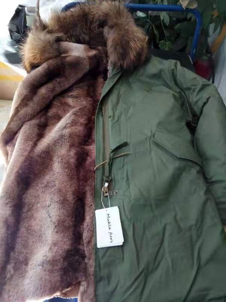 

real pictures show brown raccoon fur trim mukla furs brown rex rabbit fur lined army green long parka women rabbit furs jackets, Black