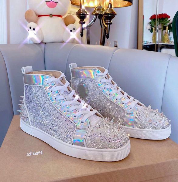 

fascinating party wedding strass & pik pik spikes men red bottom sneaker shoes high rhinestone brand-new luxurious casual walking, Black