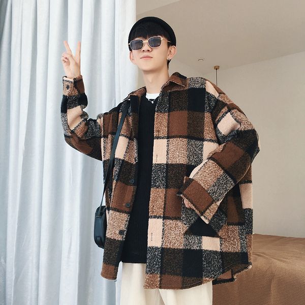 

2020 plaid shirt men fashion casual loose wool jacket coat man autumn new streetwear male clothes long sleeve shirt, White;black