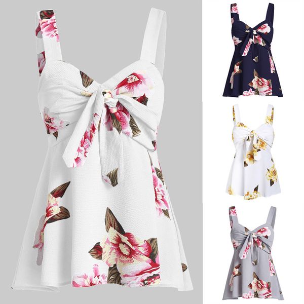 

women fashion casual camis bow knot bandage floral print tank vest, White