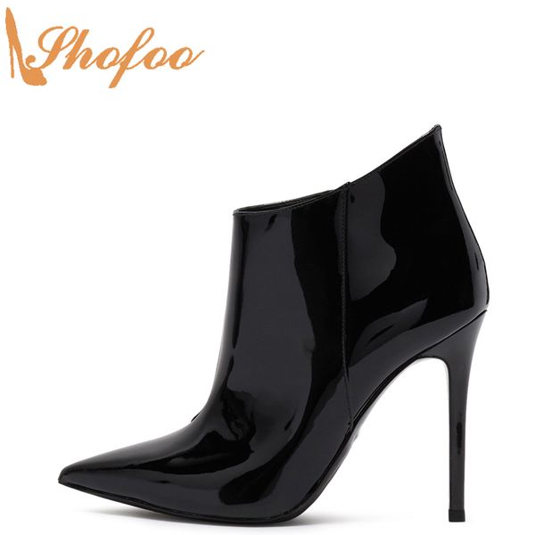 

black stilettos ankle boots high thin heels woman pointed toe booties large size 12 14 ladies patent leather mature shoes shofoo