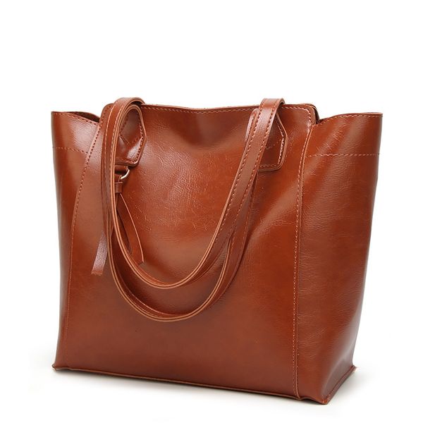 

2020 new style fashion europe and america women's bag oil skin tote bag simple retro shoulder large totes handbag