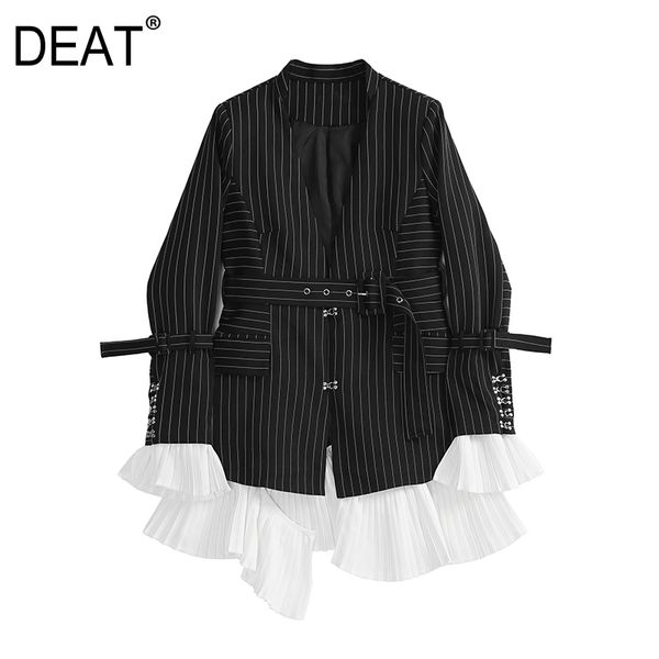 

deat] 2019 new spring summer lapel long sleeve black striped hem ruffles stitch loose jacket women coat fashion tide jr68, Black;brown