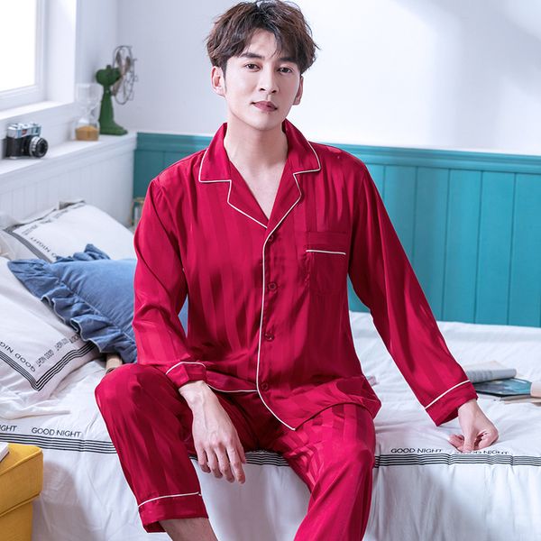 

striped 2pcs long sleeve shirt&pant lovers sleepwear pajamas suit men nightwear home clothes satin intimate lingerie sleep set, Black;brown
