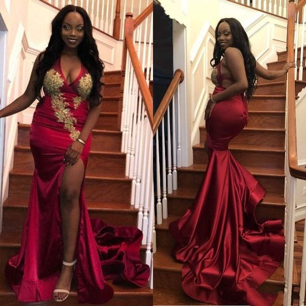 

deep v neck mermaid prom dresses with gold lace appliqued backless front split mermaid evening gown black girls satin party dress