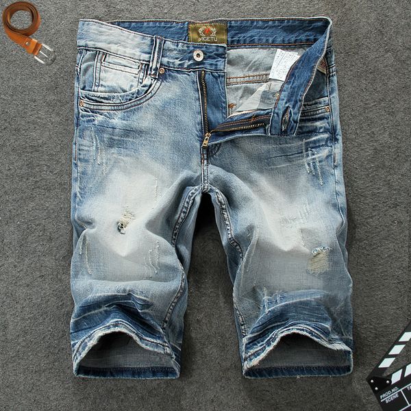 

italy vintage style fashion men short jeans blue color white wash ripped jeans hombre summer streetwear hip hop shorts men