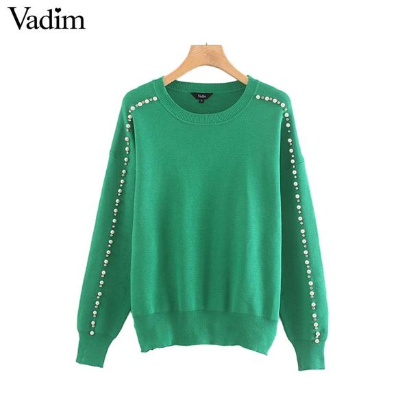 

vadim women sweet beading pearl demonds decorate knitted sweater long sleeve o neck stretchy pullover female green ha421, White;black