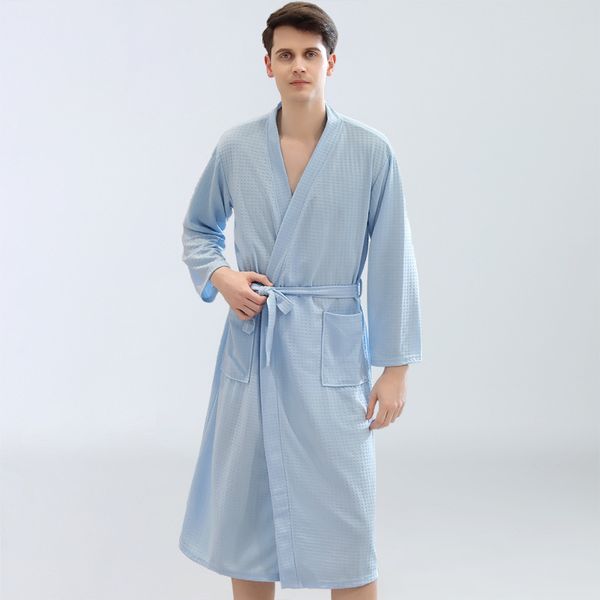 

bathrobe man sleepwear cotton stitch pocket long sleeve belt thin pure color robe 2020 fashion pjs, Black;brown