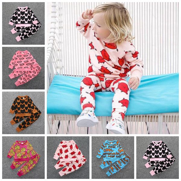 

pattern printing t-shirt + pants pullover outfits set newborn toddler baby girls boys clothes coat 6m-3t pajamas home costume, White
