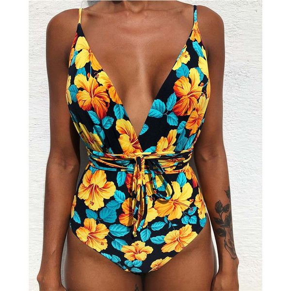 

large size swimsuit 2019 women one piece swimsuit female print swimwear bandage floral brazilian monokini bathing suit xxl, White;black