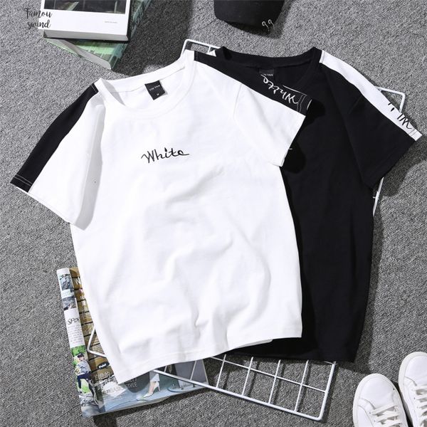 

2019 summer new t shirt womens white embroidered monophonic female t shirt striped harajuku couple clothes black 90s tees