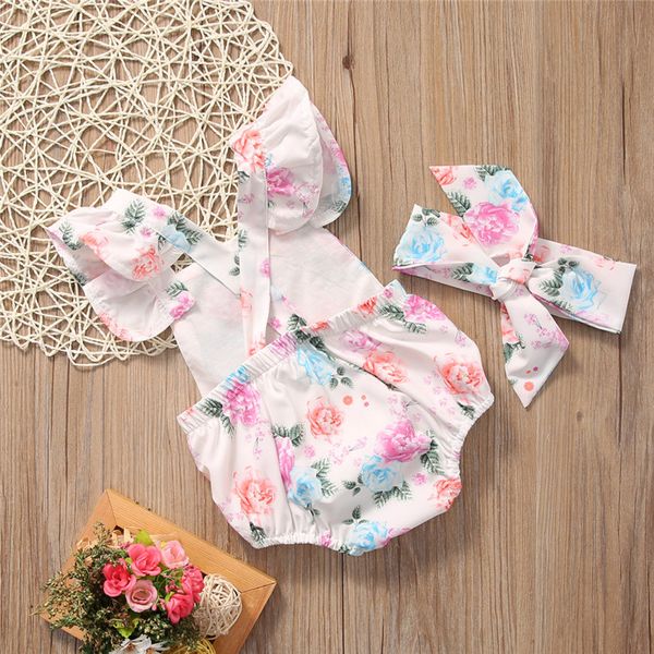 

2pcs/set summer 2018 cute infant baby girls floral sleeveless romper +headband summer sunsuit clothes baby costume 0-24m, Blue