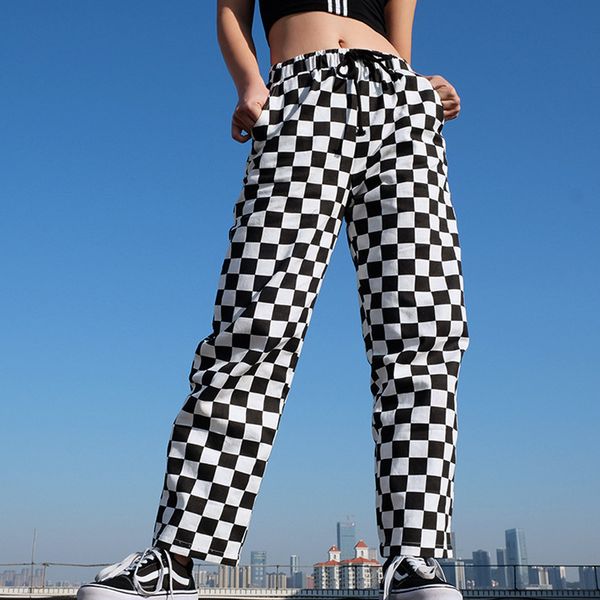 

designer womens pants new brand womens wide leg pants fashion tall waist dockers plaid trousers sporty casual style size s-l wholesales, Black;white