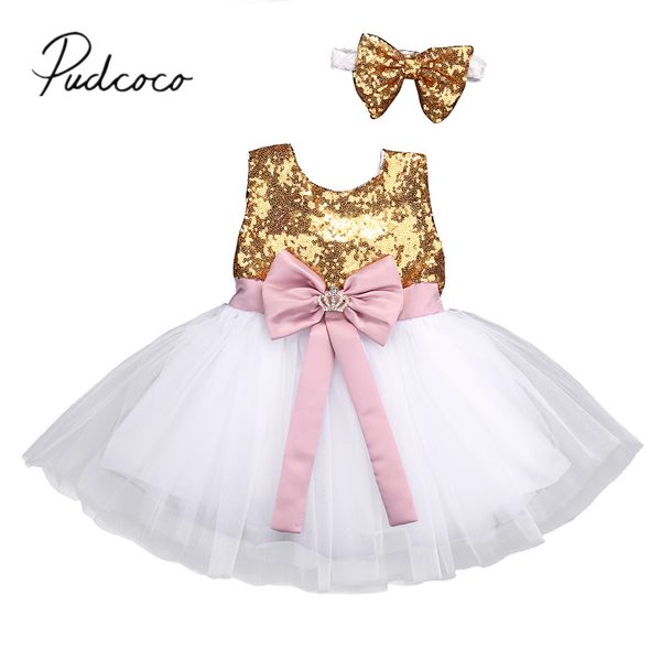 

2019 brand new kids girls formal party dress sequins lace princess party ball gown crown bowknot chiffon dress +headband 0-10t, Red;yellow
