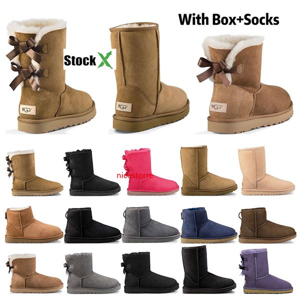 

2020 new designer boots australia women girl classic snow boots bowtie ankle short bow fur boot for winter black chestnut fashion size 36-41