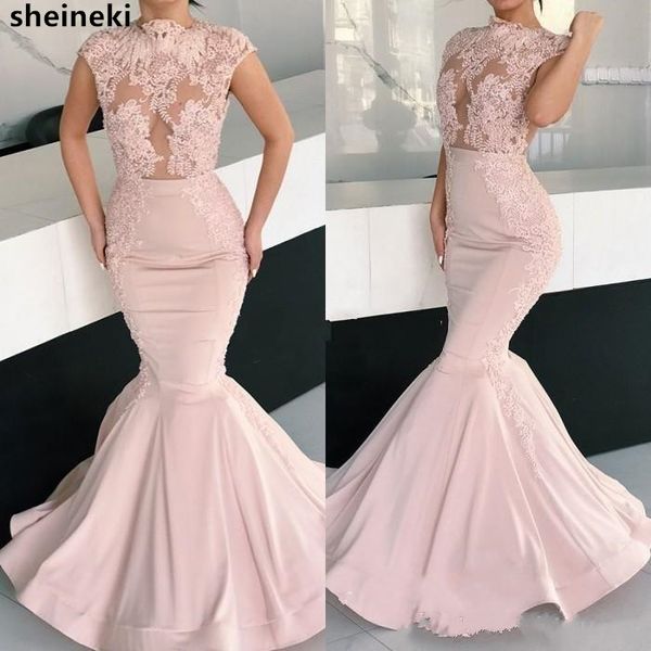 

2019 Sexy Blush Pink Satin Mermaid Prom Dresses Lace Appliques Illusion Cap Sleeves Long Plus Size Pageant Dress Party Evening Gowns Wear, Black