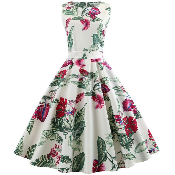 

casual dresses white floral print vintage dress summer women sleeveless robe big swing rockabilly pin up midi work office party, Black;gray