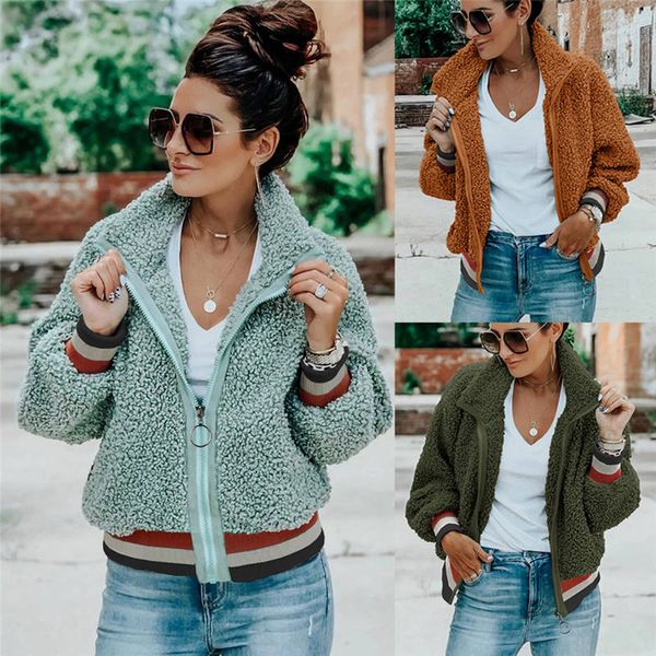 

autumn and winter lapel warm velvet jacket women loose long sleeves zipper coat woman female stitching stripe casual jackets, Black