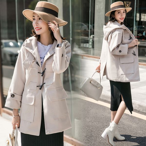 

preppy style hooded womens long coats 2018 winter horn button wool blend coat and jacket solid loose ladies coats, Black