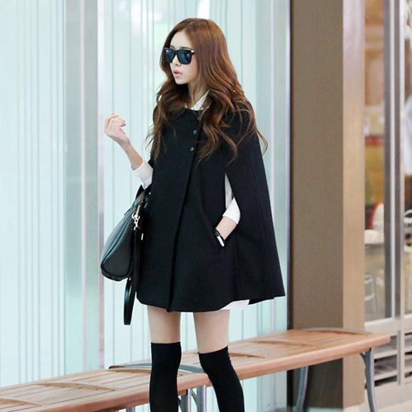 

women lady cloak poncho coat loose fashion outwear medium length clothing for winter ty53, Black