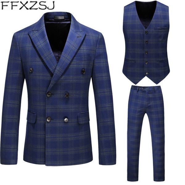 

men's suits & blazers male plus size double breasted plaid three-piece suit party banquet men talicoat set business formal man blazer v, White;black