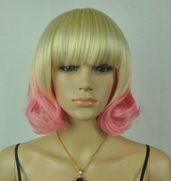 Wig Hot Light Blonde Pink Mix Short Curly Cosplay Anime