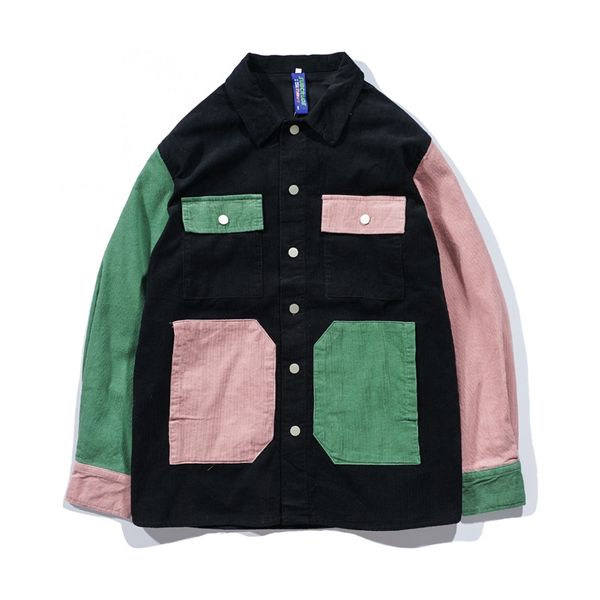

men's shirt hit color corduroy shirt autumn hiphop tooling jacket male winter colorful cotton coat fashion pocket jacket, Black