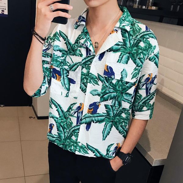 

summer new shirt men fashion flower shirt casual short-sleeved hc man streetwear hip hop wild loose hawaiian male, White;black
