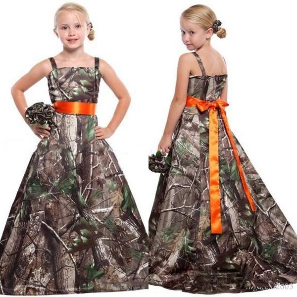 

новый стиль camo цветочные платья девушки с съемная sash спагетти ремень линию развертки поезд девочек камо свадебные платья партии, White;blue