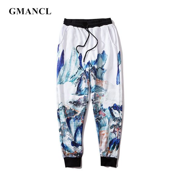 

men chinese landscape painting printed joggers casual pants streetwear man elastic waist drawstring sweatpants trousers, Black