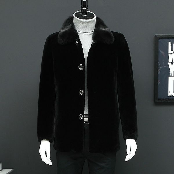 

men's leather & faux real fur coat winter jacket men collar sheep shearling warm wool jackets veste homme l16901s yy332, Black