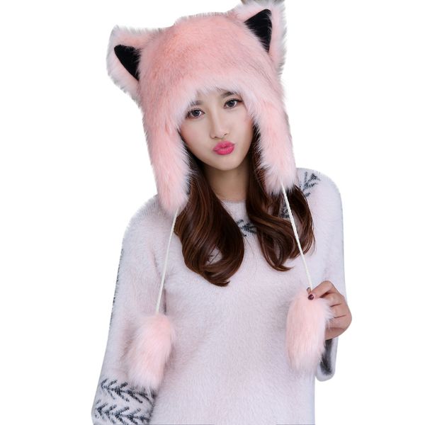 

ladies winter plush fake thick cute cartoon hat ear protectors warm plush hat bonnet fille hiver czapka zimowa damska#y2, Blue;gray