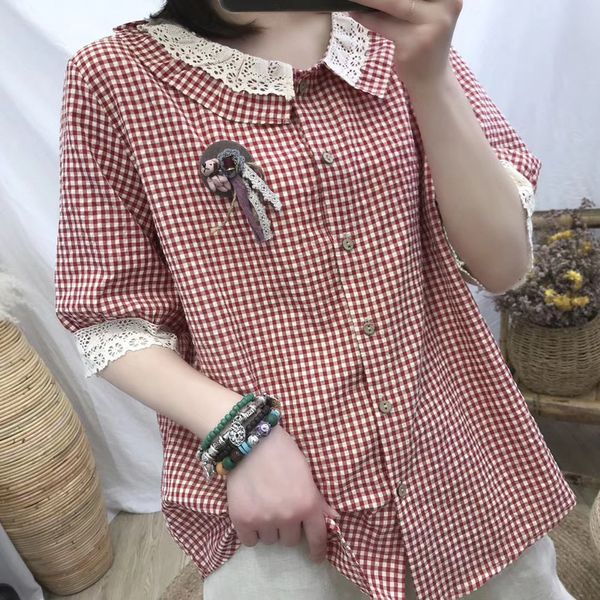 

japanese small fresh lace lace cotton plaid shirt female short-sleeved shirt loose large size doll cardigan, White