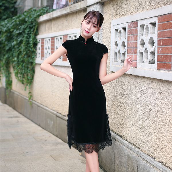 

autumn new elegent women sleeveless stand collar dresses velet temperament modified long dress young girl slim cheongsam, White