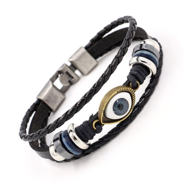 Handgefertigte Evil Eye-Armbänder, geflochtenes Echtleder, mehrschichtige Charm-Perlen-Armbänder für Männer, Vintage-Mode, Hämatit, Frauen, Geschenke, Schmuck