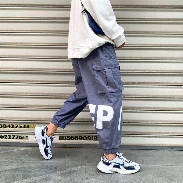 

men multi-pocket elastic waist harem pant street punk hip hop blue casual trousers joggers male black cargo pants autumn pants