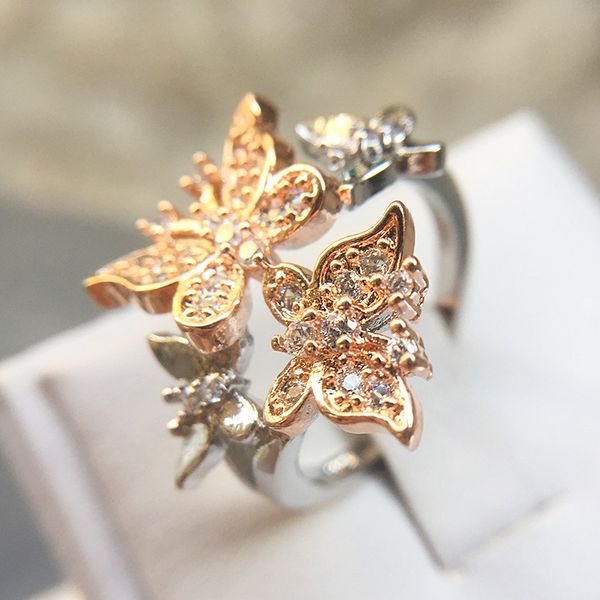 

wholesale- butterfly zircon ring with diamond finger ring plated with 18k gold jewelry, Silver