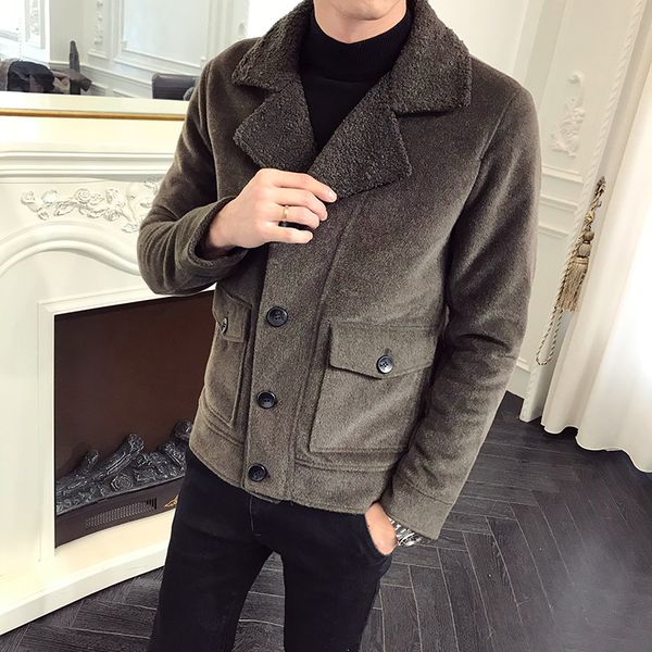 

british style black men winter warm fur lamb woolen deri mont erkek casual jacket men fur collar plush faux leather jacket coat