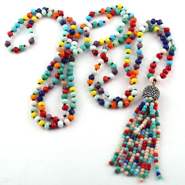 

fashion bohemian jewelry 6mm multi long knotted multi crystal tassel necklace for women ethnic necklace, Silver