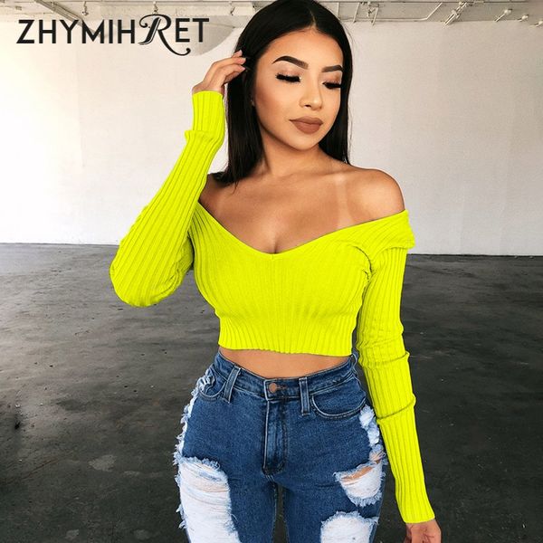 

zhymihret 2019 autumn long sleeve off shoulder tshirt women v neck neon color ribbed crop t shirt camisas mujer, White