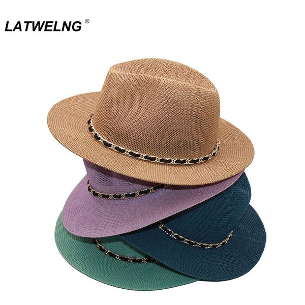 

new 10 colors panama sun hats with chain ladies jazz beach hat summer breathable straw hats nh986, Blue;gray