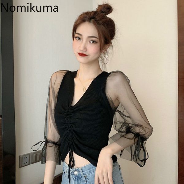 

nomikuma 2020 summer mesh patchwork knitwear lace up flare sleeve pullover korean drawstring short v neck knitted 6a955, White;black