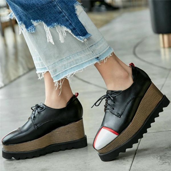 

fashion sneakers women lace up genuine leather wedges high heel ankle boots female square toe platform pumps shoes travel shoes, Black