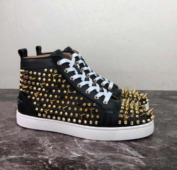 

2019 luxury designer red bottoms men women shoes fashion suede with spikes loafers rivets designer casual dress sneakers soles boots, Black