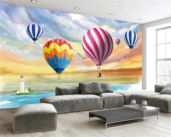 Wallpaper costume 3d Paisagem Mar de tinta colorido balão de ar quente romântico Cenário decorativa Silk Mural Wallpaper