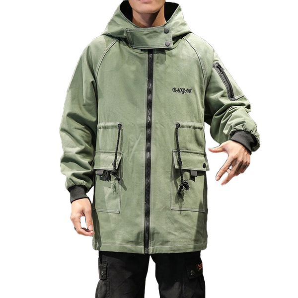 

2019 korean men trench coat long streetwear hooded trench coat men vintage single breasted army green abrigo hombre man, Tan;black